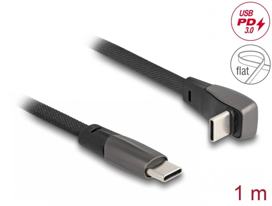 Imagine Cablu flat USB 2.0 type C drept/unghi 90 grade 60W T-T 1m brodat Negru, Delock 80751